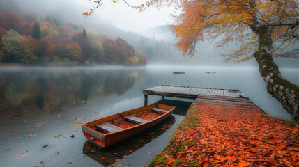 Foggy lake morning with solitary boat and autumnal reflections