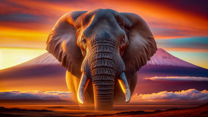 Majestic Bull Elephant Superimposed Against Mount Kilimanjaro at Sunset