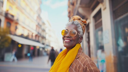 An elderly smiling Afro-American woman enjoying a leisurely stroll through the city streets. Concept: Urban elegance and sophistication. - obrazy, fototapety, plakaty
