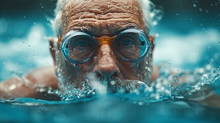 Naklejka premium Portrait of a senior man wearing goggles in a swimming pool. Active aging and wellness through swimming.