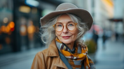 Portrait of an elegant senior lady in hat gracefully navigating the cityscape, epitomizing timeless beauty and charm. Concept: Timeless beauty in the urban environment