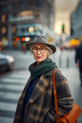 Fototapeta premium A graceful elderly woman enjoying a leisurely stroll through the city streets, radiating elegance and style. Concept: Urban elegance and sophistication