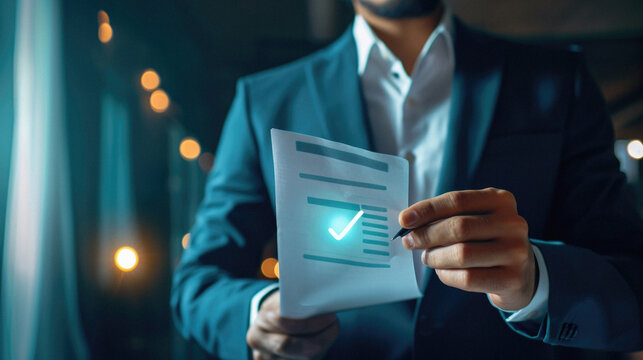 Businessman holding paper with check mark in his hand and checking documents