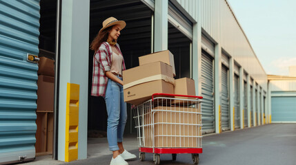 Woman loading cart with cardboard boxes into self storage unit