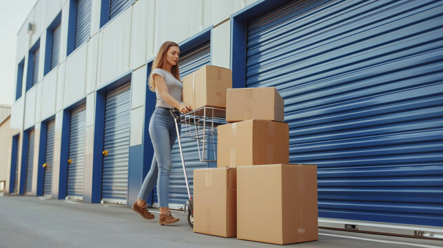 Woman loading cart with cardboard boxes into self storage unit