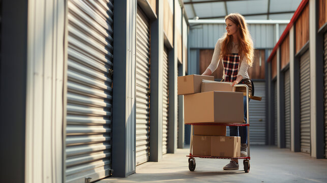 Woman loading cart with cardboard boxes into self storage unit