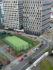 Obraz premium Aerial view of modern buildings and urban living in Salford Quays. 