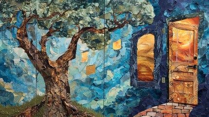Mystical landscape with door to another world. Vintage torn paper collage.