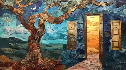 Mystical landscape with door to another world. Surreal collage with torn paper.