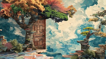 Mystical landscape with door to another world. Grunge torn paper vintage collage. - obrazy, fototapety, plakaty