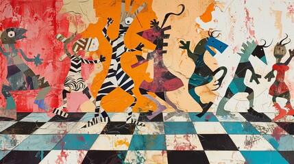 Unusual multicolored pieces dancing on the chessboard. Surreal collage with torn paper.