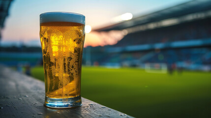 Glass of fresh, foamy and cold beer on football stadium background over evening sky with flashlights. Concept of sport, festival, competition, alcohol drinks, match. Copy space