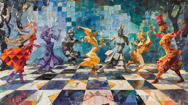 Unusual multicolored pieces dancing on the chessboard. Eclectic ripped paper collage.