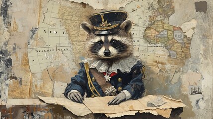 Raccoon warlord thinking up strategy. Surreal collage with torn paper.