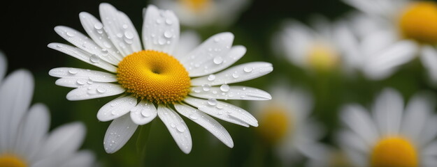 A close-up of pristine white daisies with vibrant yellow centers, dotted with dew drops