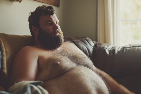 A man, fat without a shirt, is bored alone at home after his divorce, abandoned on his couch.