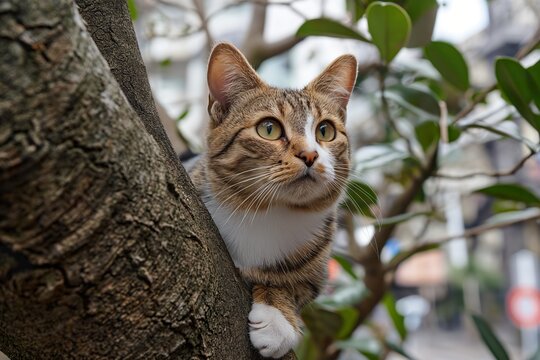 A cat among the branches of a tree, hunting for birds in the garden.