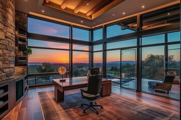luxury home office, large windows and beautiful sunset