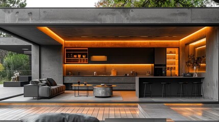 Sleek Modern Kitchen With Illuminated Countertop and Mountain View