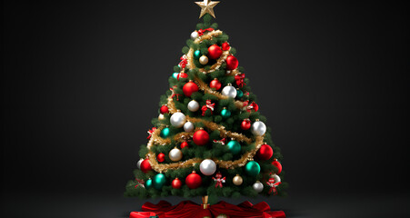 Obraz premium Decorated Christmas Tree with Red, Green, White Ornaments, Gold Tinsel, and Star on Dark Background