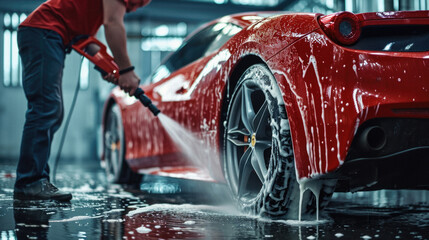 Car washing series : Cleaning car with high pressure water and foam - obrazy, fototapety, plakaty