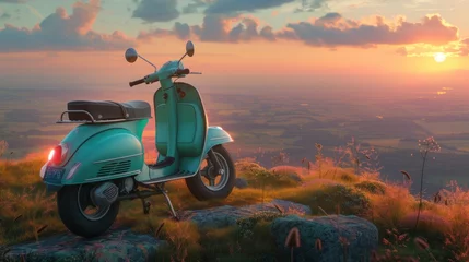 Tuinposter Vintage Scooter Overlooking a Scenic Valley at Sunset © photolas