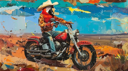 Parrot in cowboy hat rides bike through the desert. Surreal collage with torn paper.