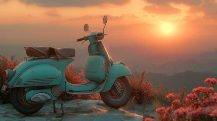 Rolgordijnen Vintage Scooter Overlooking a Scenic Valley at Sunset © photolas
