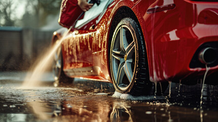 Car washing with high pressure water. Red car wash with high pressure water . - obrazy, fototapety, plakaty