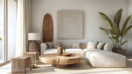 living room with surfboard on a wall, houseplants and sofas