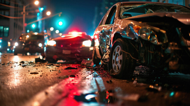 Car accident on the road at night. Car collision on the road
