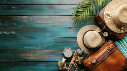 Concept of summer traveling, goods for holidays, leisure and travel with copy space,several travel bags and a summer hat on the background of a colored wall