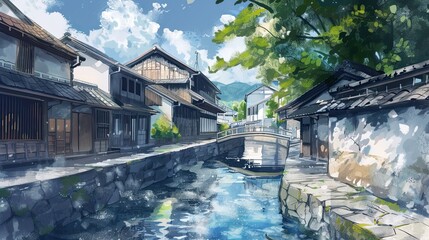 Obraz premium A small town in Japan with traditional wooden and stone houses.