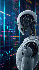 Humanoid robot listening to music with headphones on dark background