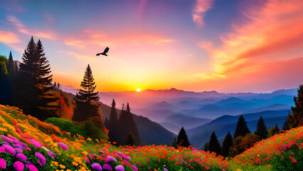 Sunset over the mountains, brightly colored flowers