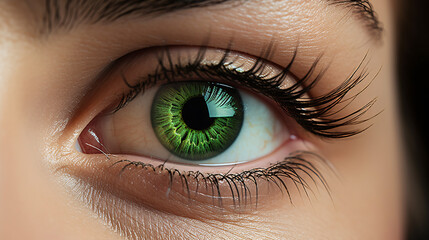 Close up shot of beautiful woman's green eye with long eyelashes
