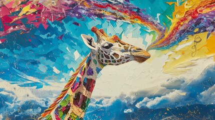 Giraffe eats rainbow. Surreal collage with torn paper.