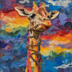 Giraffe on rainbow background. Fashionable ripped paper collage.