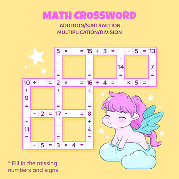 Math Crossword puzzle for children. Addition, subtraction, multiplication and division. Counting up to 20. Vector illustration. Game with cartoon cute pony. Task, education material for kids.