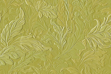 Fototapeta na wymiar Leafy tropical emboss 3d gold green foliage pattern. Vector embossed botanical floral background. Grunge emboss drawing plants backdrop. Surface relief 3d textured flowers leaves branches ornaments