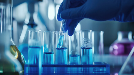 Laboratory glassware in scientist hand, science research and development concept