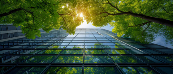 office building with tree for reducing carbon dioxide, Eco green environment. 