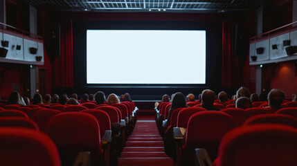 Empty cinema auditorium with red seats and blank white screen on the wall