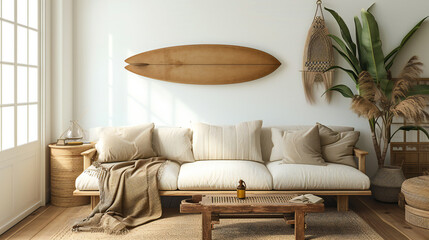 living room with surfboard on a wall, houseplants and sofas - obrazy, fototapety, plakaty