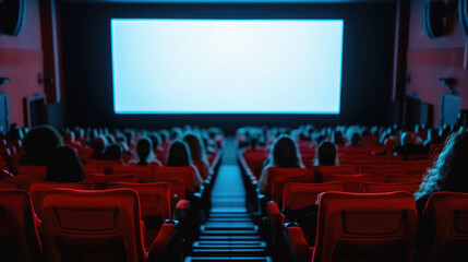 Cinema auditorium with rows of red chairs and large screen