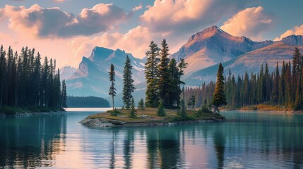 the enchanting Spirit Island situated in Jasper, Alberta's breathtaking landscape - obrazy, fototapety, plakaty