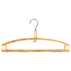 Wooden clothes hanger. Wood accessory for hanging top garment, storing apparel in wardrobe. Storage rack of triangle shape. Hand drawn watercolor illustration isolated on white background. For design.