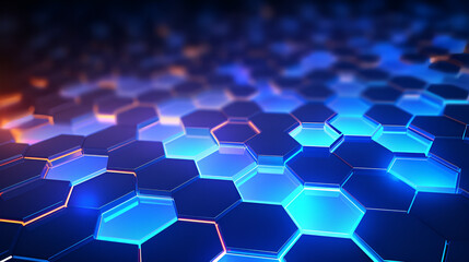 Abstract Futuristic Hexagonal Grid Background with Glowing Blue and Orange Lights 3D Render