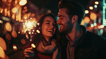 Obraz na płótnie Canvas A man and woman share a joyful moment with sparklers illuminating their smiles at a festive night celebration.