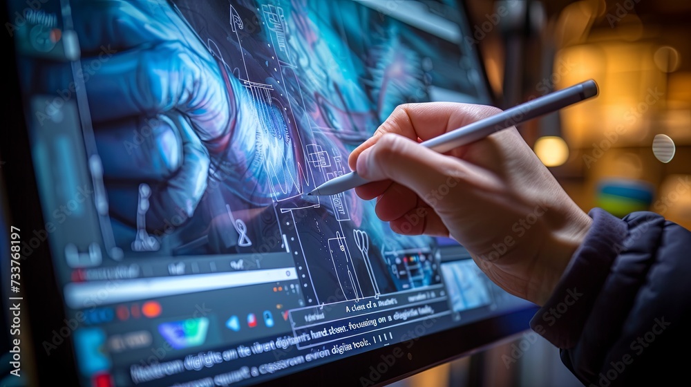 Fototapete close-up of a graphic designer's hand sketching on a digital drawing tablet with a stylus pen, in fr